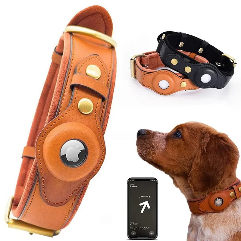 Pet Patrol™ Leather Dog Collar with Airtag Holder